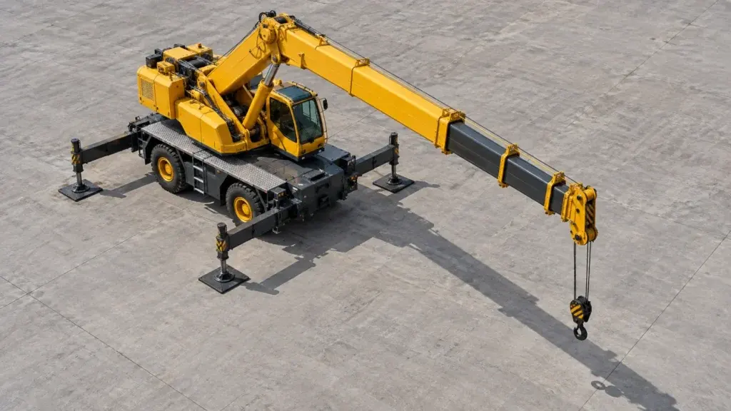 Cẩu màu vàng trên sân rộng nhìn từ cao cho thấy vị trí tâm quay và móc treo