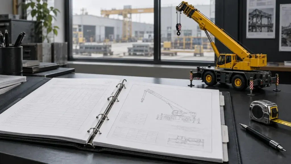 Tài liệu kỹ thuật và mô hình cẩu màu vàng trên bàn khảo sát