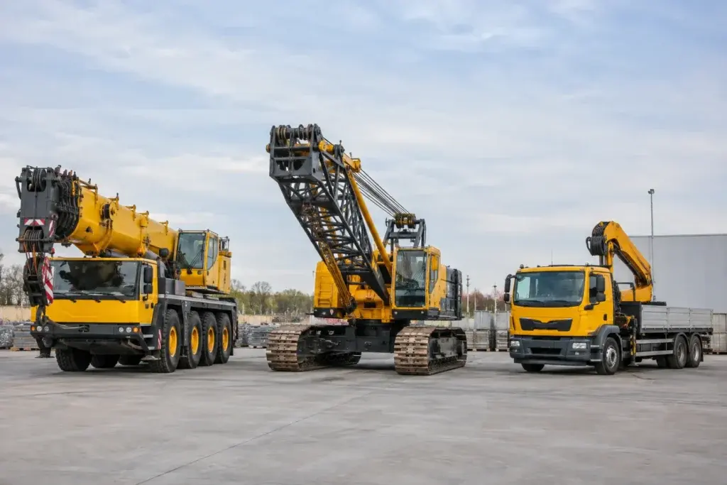 Ba nhóm cẩu bánh lốp, bánh xích và xe tải gắn cẩu trong bãi thiết bị
