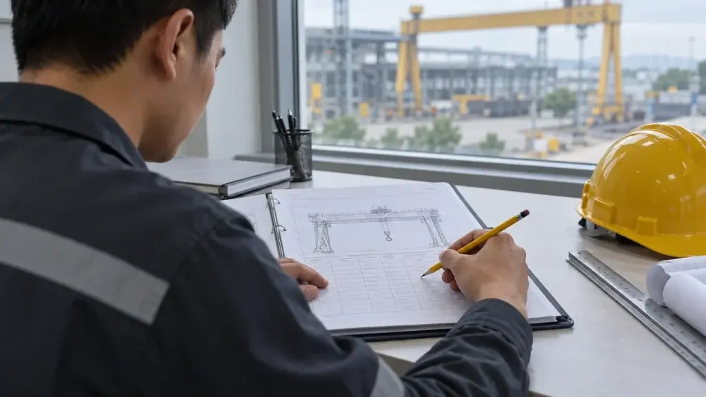Kỹ sư đối chiếu tài liệu kỹ thuật cẩu trên bàn làm việc