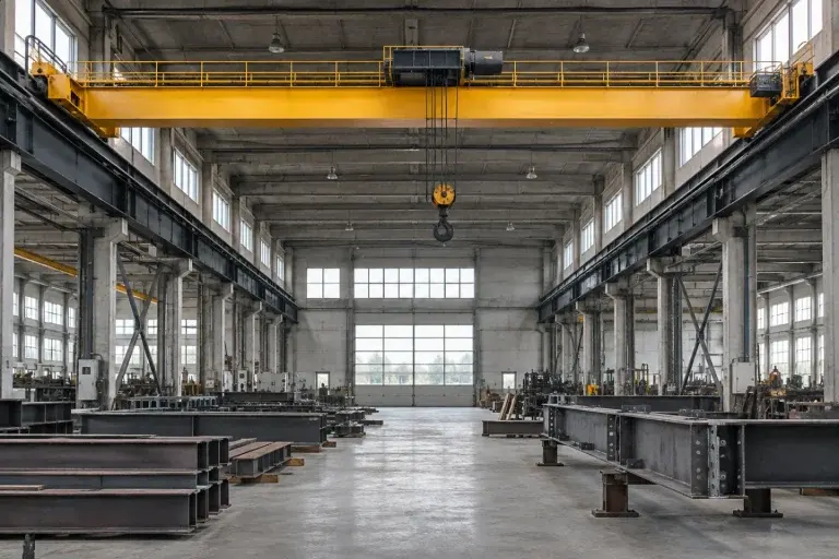 Cầu trục màu vàng với xe con và móc nâng trong nhà xưởng