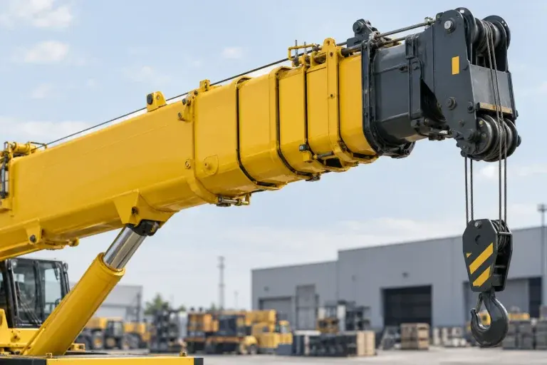 Cận cảnh các đoạn cần ống lồng màu vàng với đầu cần và cáp trên nền trời