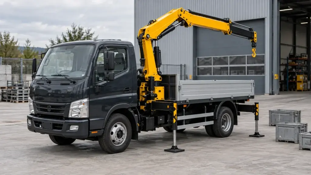 Cẩu gập nhỏ màu vàng trên xe tải nhẹ tại sân nhà xưởng