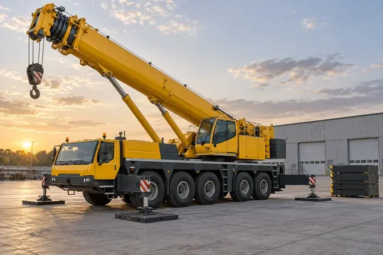 Cẩu bánh lốp nhiều trục màu vàng tại sân nhà máy với các khối đối trọng xếp gọn bên cạnh
