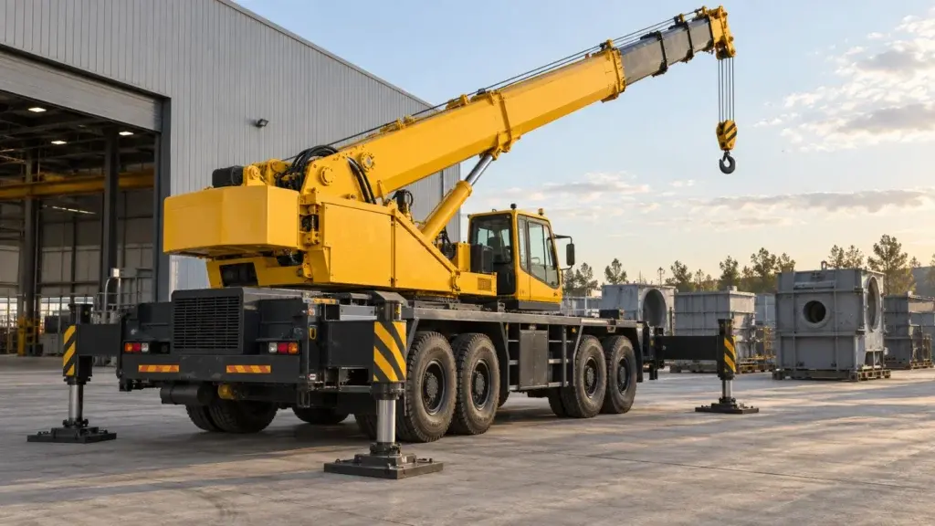 Cẩu ống lồng màu vàng tại khu bảo trì thiết bị công nghiệp