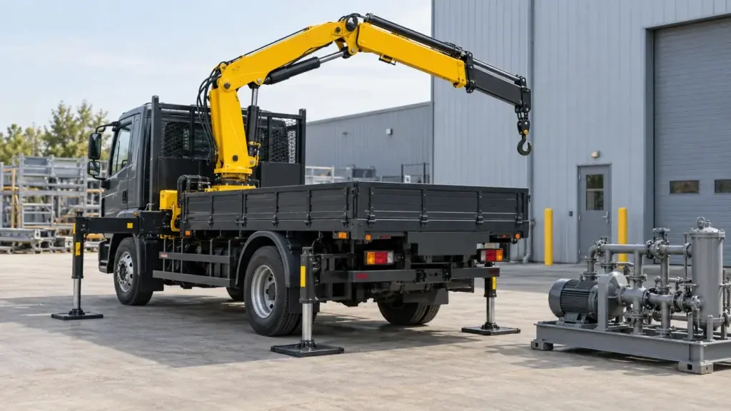 Cẩu gập nhỏ màu vàng cạnh cụm thiết bị đặt trên sân nhà xưởng