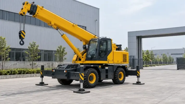 Cẩu bánh lốp màu vàng ở sân công nghiệp có vùng triển khai rộng
