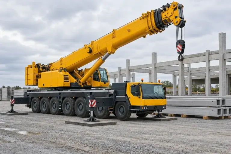 Cẩu bánh lốp cỡ lớn màu vàng đỗ gần các cấu kiện bê tông đúc sẵn tại bãi xây dựng