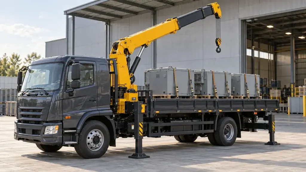 Xe tải gắn cẩu ống lồng màu vàng đỗ tại khu giao nhận nhà máy