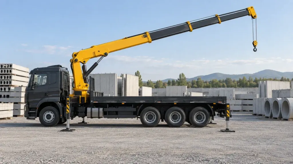 Cẩu ống lồng màu vàng gắn trên xe tải tại bãi cấu kiện công nghiệp