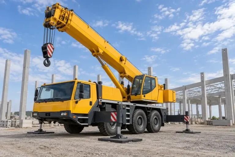 Cẩu bánh lốp ba trục màu vàng đứng ở công trường xây dựng với cần nâng cao và móc trống