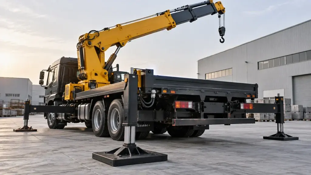 Cẩu ống lồng màu vàng với chân chống triển khai trên sân công nghiệp