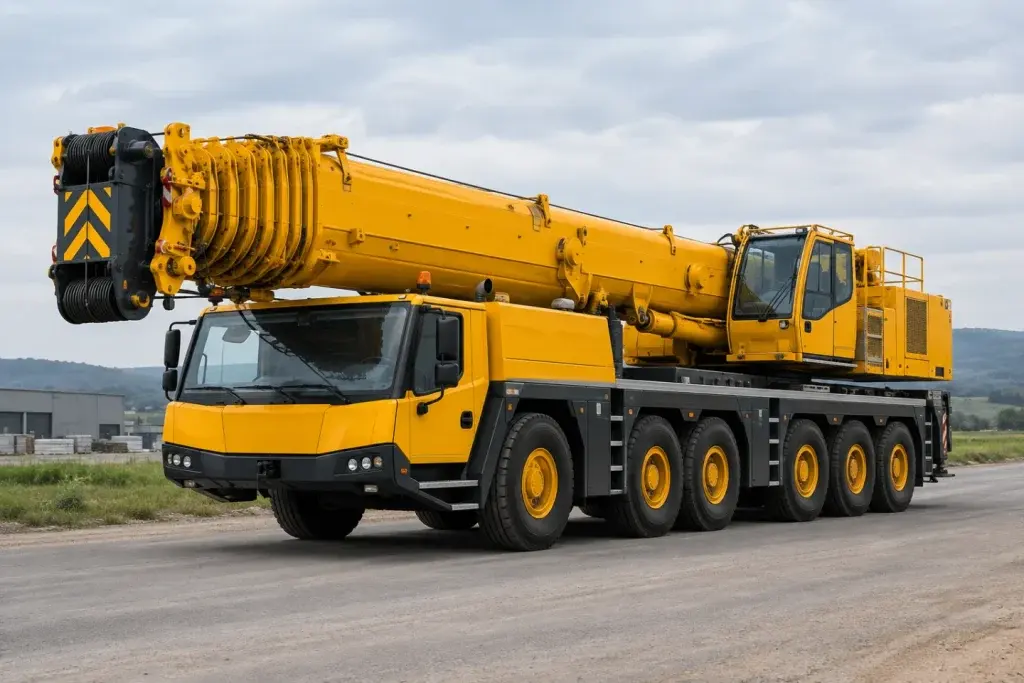 Cẩu All Terrain nhiều trục trong trạng thái thu cần trên đường nội bộ
