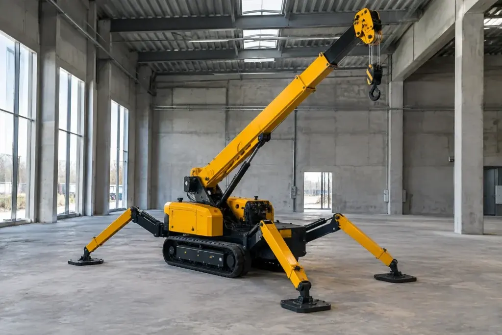 Cẩu chân nhện nhỏ với bốn chân chống xòe trên sàn nhà xưởng