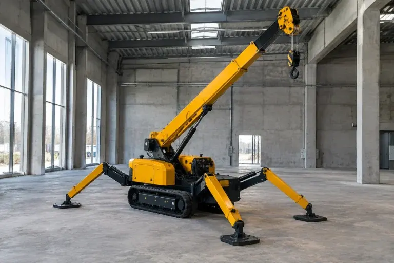 Cẩu chân nhện nhỏ với bốn chân chống xòe trên sàn nhà xưởng