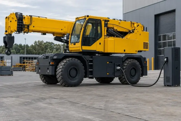 Cẩu địa hình chạy điện minh họa đang kết nối nguồn sạc tại sân công nghiệp