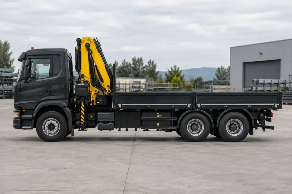 Xe tải với cẩu gập lắp ngay sau cabin và phía trước thùng hàng