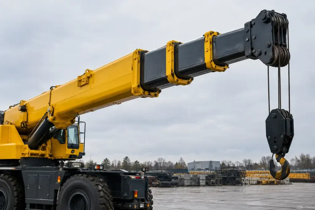 Các đoạn cần ống lồng màu vàng triển khai theo bậc trên cẩu di động