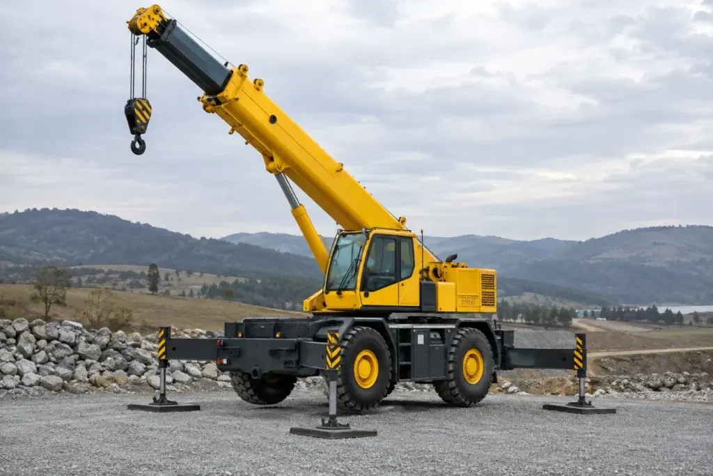 Cẩu Rough Terrain một cabin với lốp lớn và chân chống trên nền chuẩn bị