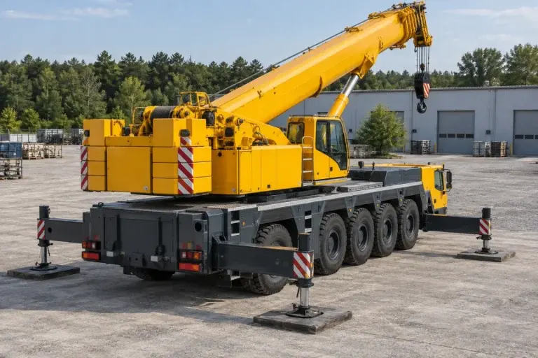 Cẩu di động màu vàng nhìn từ phía sau cho thấy phần quay và khung gầm nhiều trục