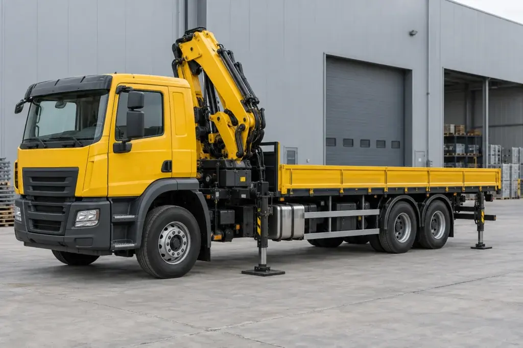 Xe tải màu vàng có cẩu cần gập sau cabin và thùng phẳng tại sân kho