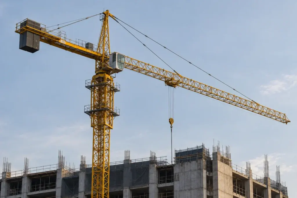 Cẩu tháp cần ngang màu vàng tại công trường xây dựng