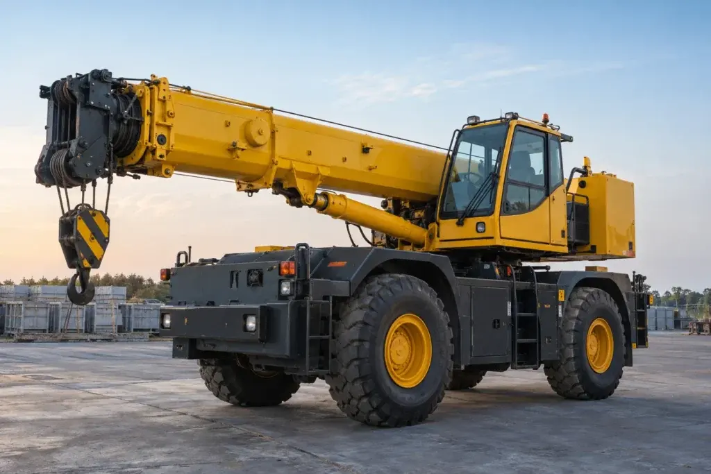 Cẩu tự hành bánh lốp với cần ống lồng đặt trên khung di chuyển tích hợp