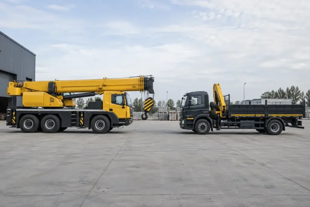 Xe cẩu chuyên nâng và xe tải có sàn chở hàng gắn cẩu đặt cạnh nhau