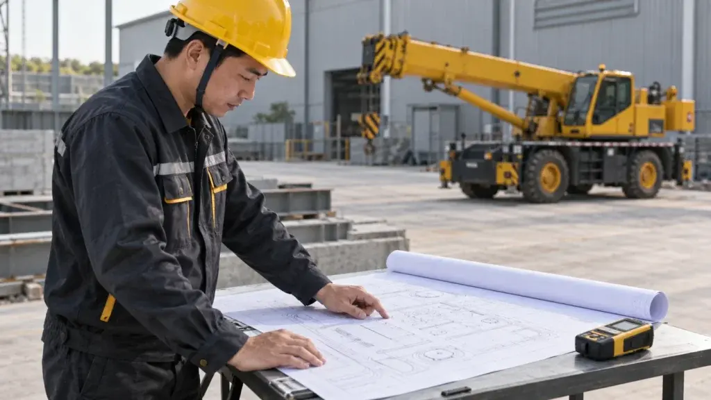 Kỹ sư xem bản vẽ khảo sát với cẩu màu vàng ở phía xa