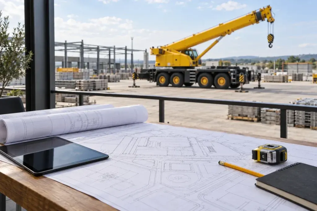 Bản vẽ công trường và máy tính bảng trên bàn khảo sát với cẩu vàng ở nền phía sau
