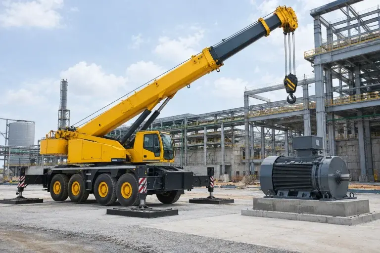 Xe cẩu tại khu vực chuẩn bị lắp đặt máy móc công nghiệp