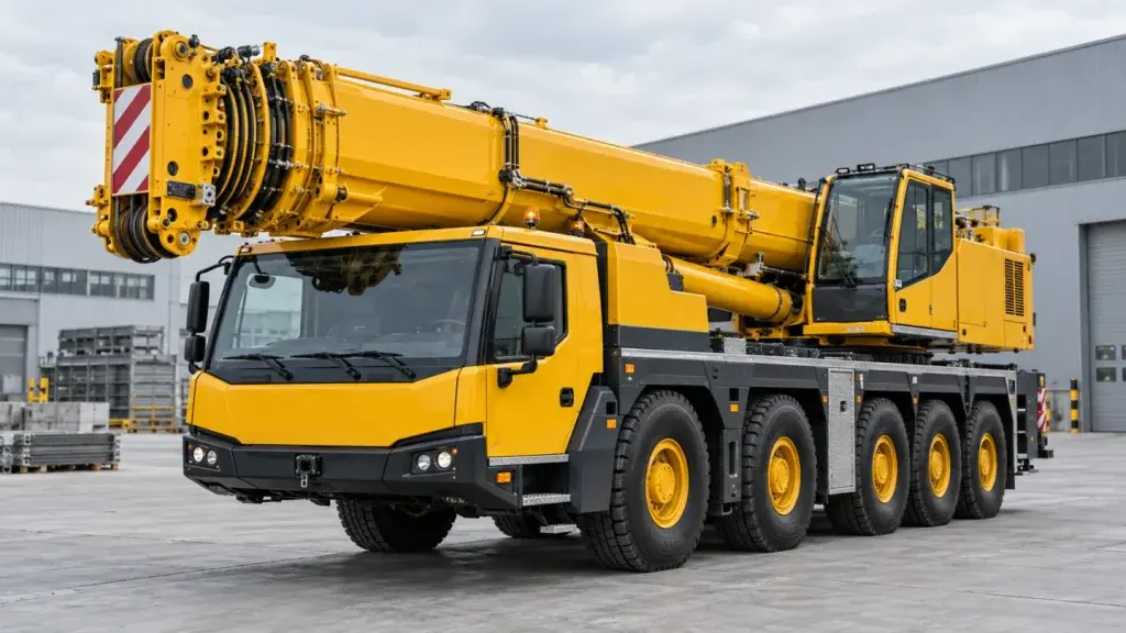 Cẩu bánh lốp màu vàng đứng trên sân công nghiệp với cần thu gọn