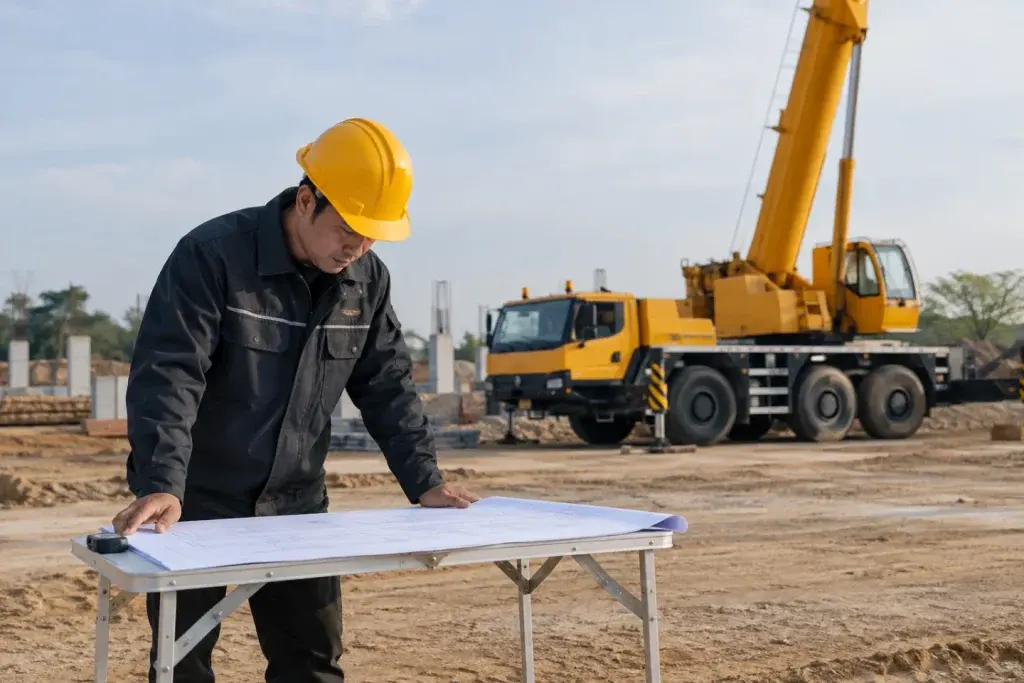 Người lập kế hoạch xem bản vẽ ngoài khu vực làm việc của xe cẩu