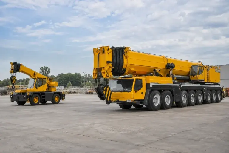 Hai xe cẩu có kích thước khung và phần nâng khác nhau trong bãi máy