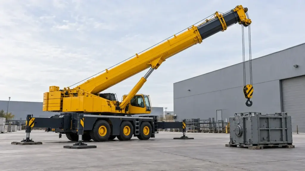 Móc nâng của cẩu màu vàng bên cạnh kiện thiết bị trên bãi công nghiệp