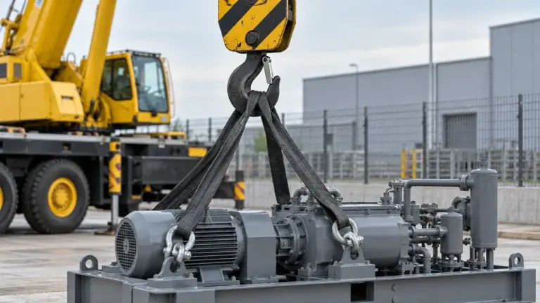 Móc cẩu và bộ dây treo phía trên một kiện thiết bị công nghiệp màu xám