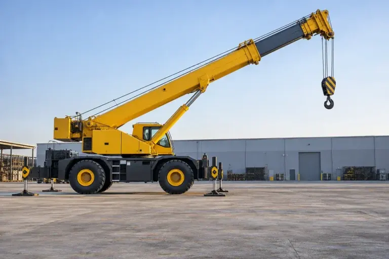 Cẩu ống lồng màu vàng đứng tại sân công nghiệp với cần vươn và móc trống