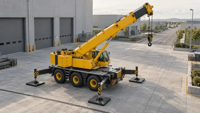 Cẩu bánh lốp màu vàng triển khai chân chống tại sân nhà máy