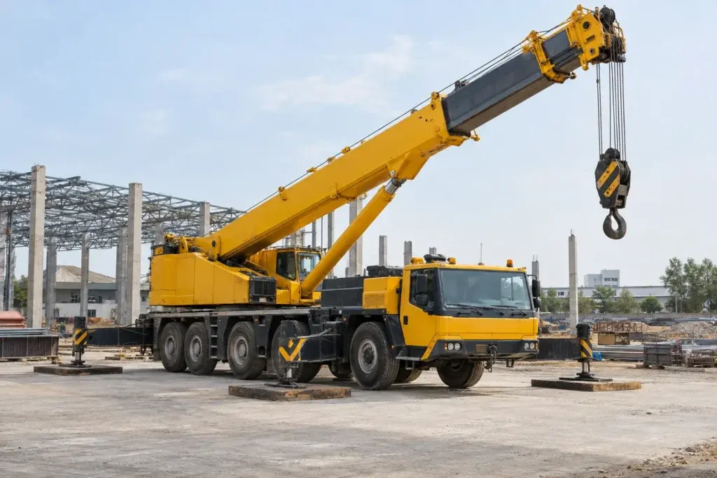 Xe cần cẩu ống lồng màu vàng triển khai chân chống tại công trường