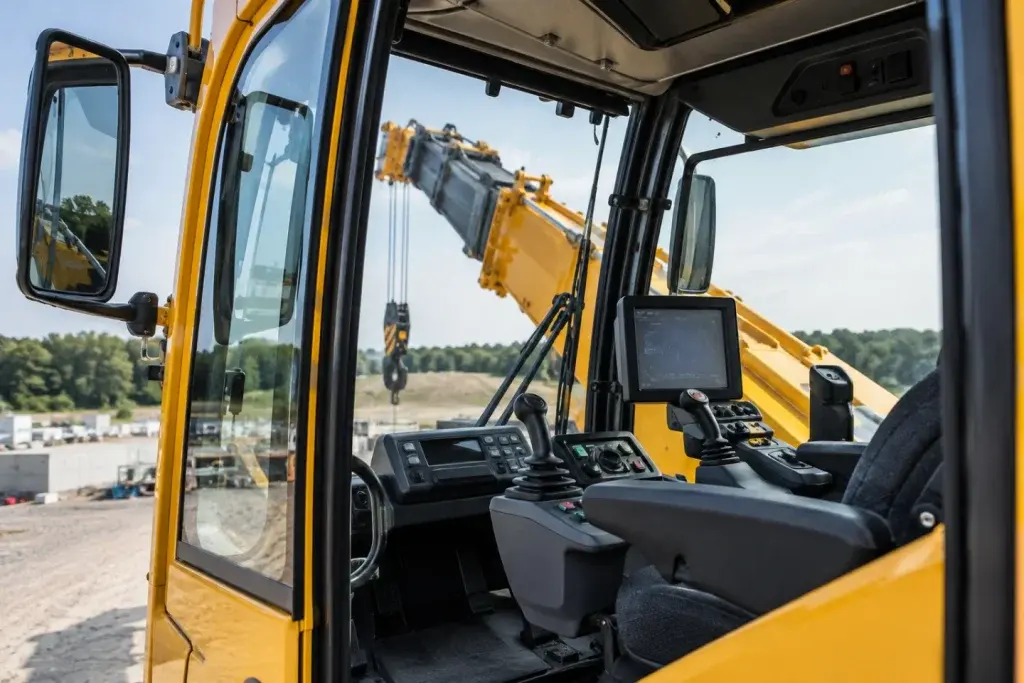 Cabin xe cẩu hiện đại với cần điều khiển và màn hình giám sát