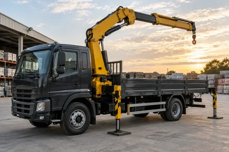 Xe tải sàn màu than gắn cẩu cần gập màu vàng phía sau cabin